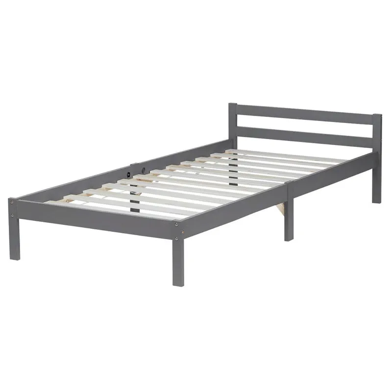 Lit simple 1 personne 90 x 200cm en bois gris avec sommier à lattes LIT06217