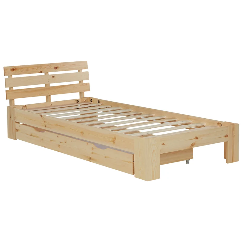 Lit simple en bois de pin 90x200 avec sommier à lattes et tiroir de rangement LIT06230
