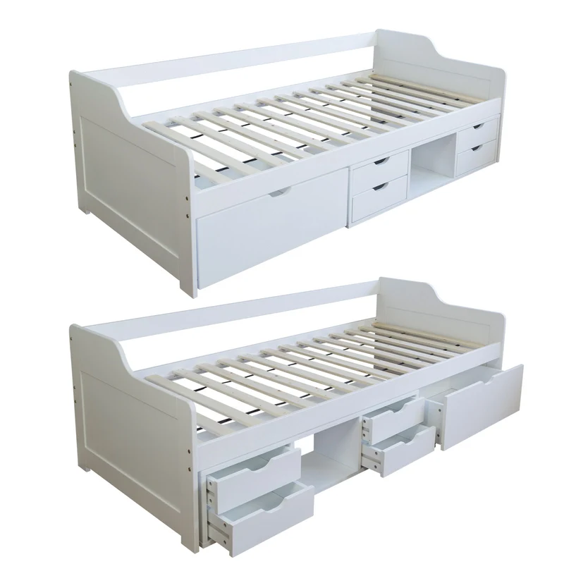 Lit simple avec sommier à lattes et tiroirs de rangement en pin blanc 90x200 LIT06234