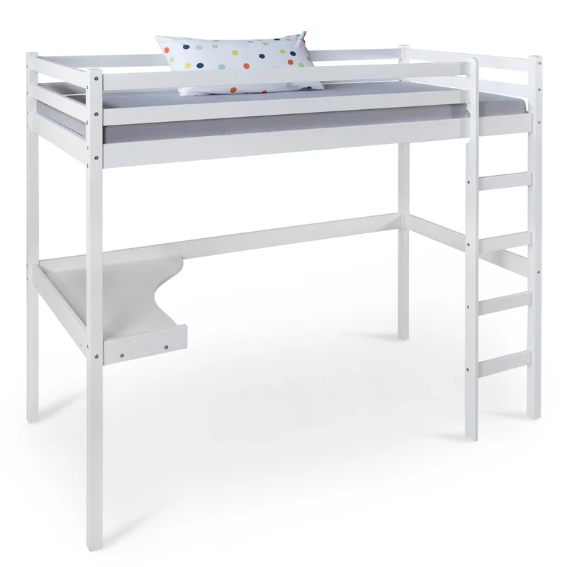 Lit mezzanine multifonctionnel pour enfant en bois blanc avec bureau sommier à lattes et échelle 90 x 200 cm LIT06235