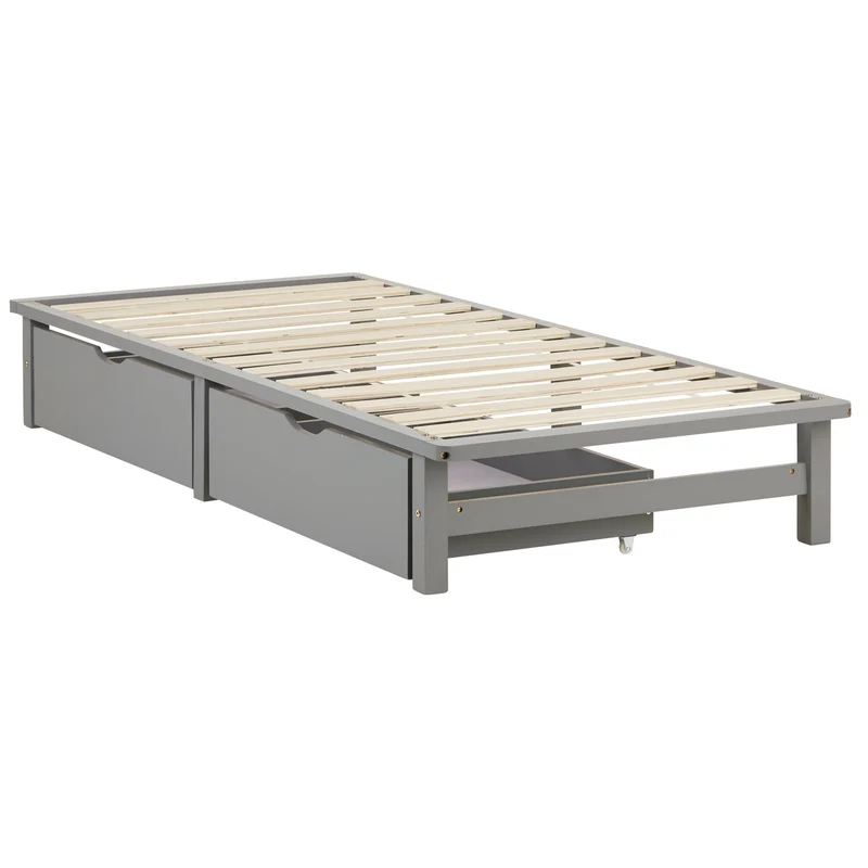 Lit palette en bois massif gris 90x200 cm avec tiroirs de rangement et sommier à lattes LIT06238