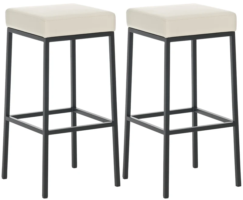 Lot de 2 tabourets de bar avec repose-pieds design simple hauteur 85 cm en PVC crème et métal noir 10_0004378