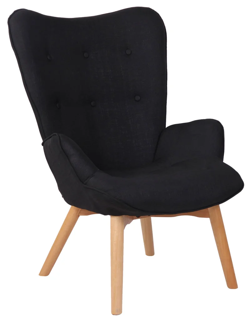 Fauteuil lounge style scandinave dossier haut boutons décoratifs en tissu noir pieds en bois clair 10_0003603