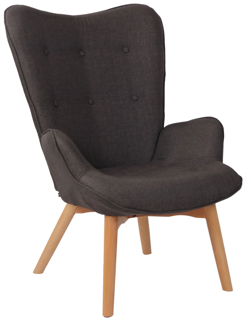 Fauteuil lounge style scandinave dossier haut boutons décoratifs en tissu gris foncé pieds en bois clair 10_0003601