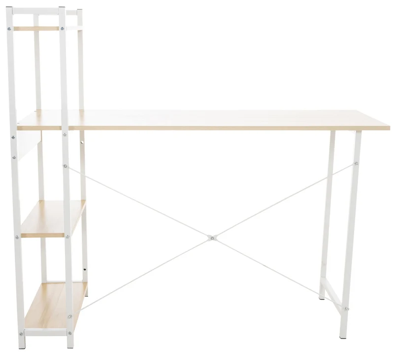 Bureau table de travail style rétro avec colonne de rangement étagère en bois érable et métal blanc 10_0003616
