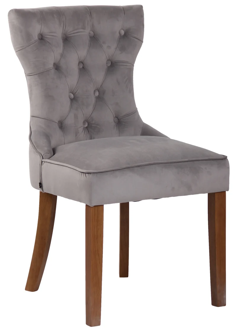 Chaise de salle à manger x 1 style Chesterfield dossier capitonné en velours gris et pieds en bois clair 10_0003737
