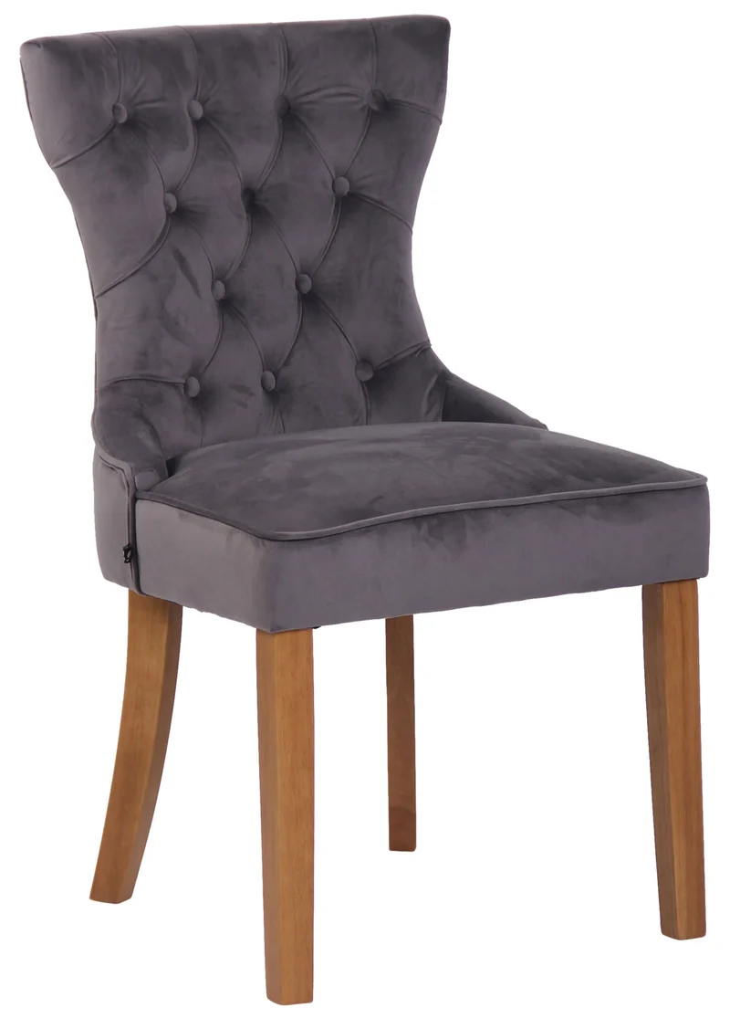 Chaise de salle à manger x 1 style Chesterfield dossier capitonné en velours gris et pieds en bois clair 10_0003736