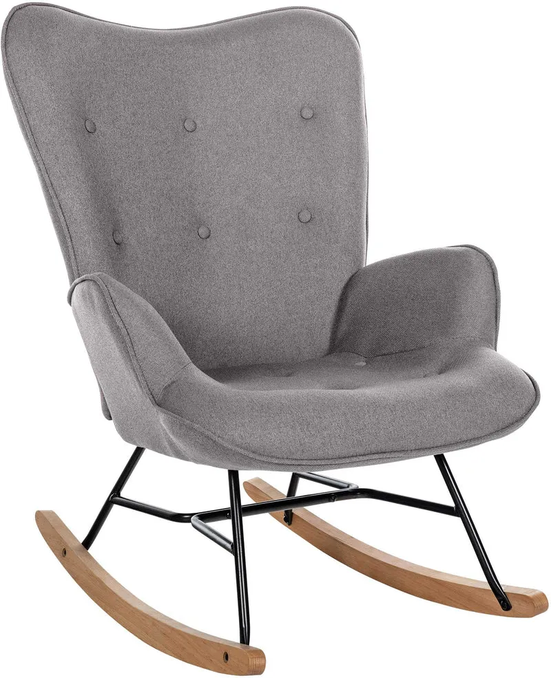 Fauteuil à bascule rocking chair en tissu gris capitonné cadre en métal et patins en bois 10_0003806