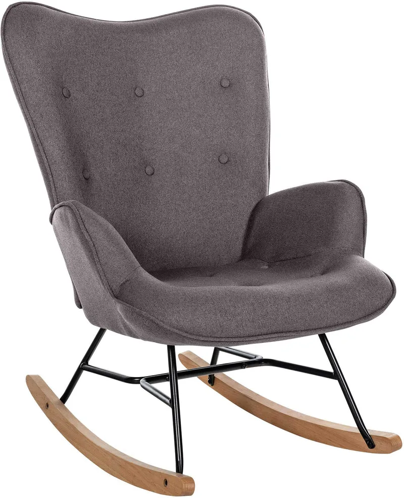 Fauteuil à bascule rocking chair en tissu gris foncé capitonné cadre en métal et patins en bois 10_0003805