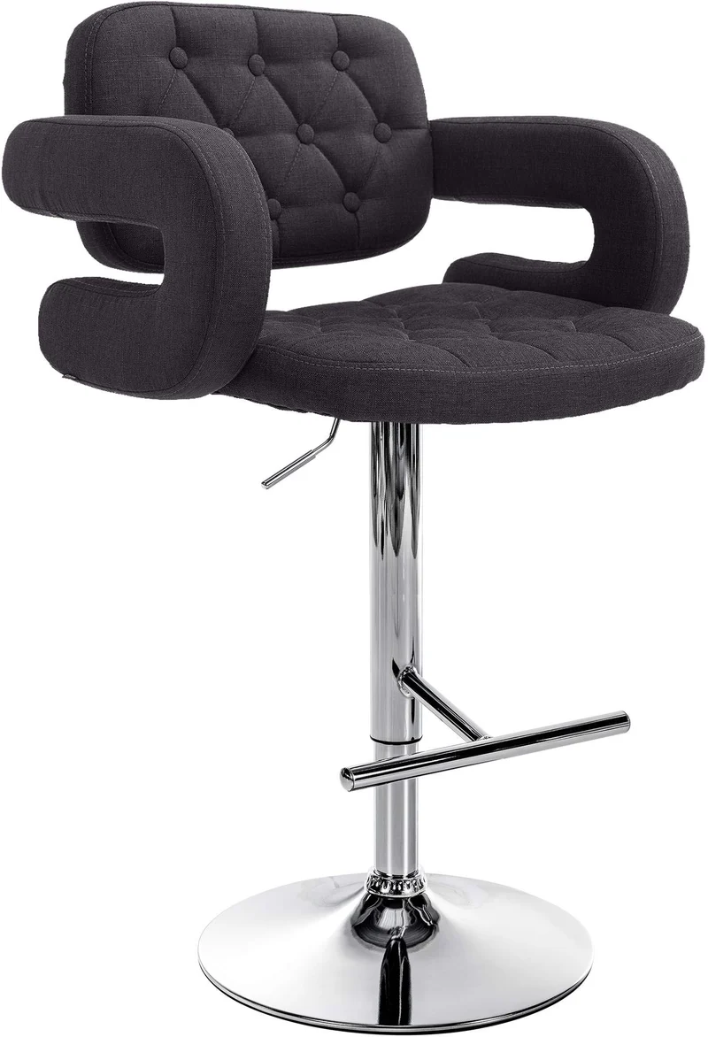 Tabouret de bar x1 avec repose-pied et accoudoirs capitonné en tissu noir support en métal chromé 10_0004792