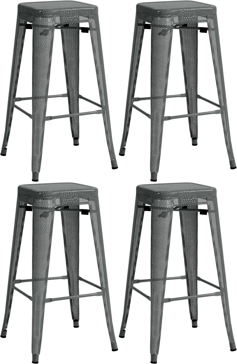 Set de 4 tabourets de bar avec repose-pieds design industriel empilable en métal perforé gris 10_0004511