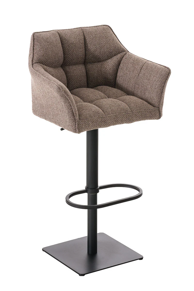 Tabouret de bar chaise haute de comptoir couture carrées assise en tissu marron terre cadre en métal noir 10_0004698