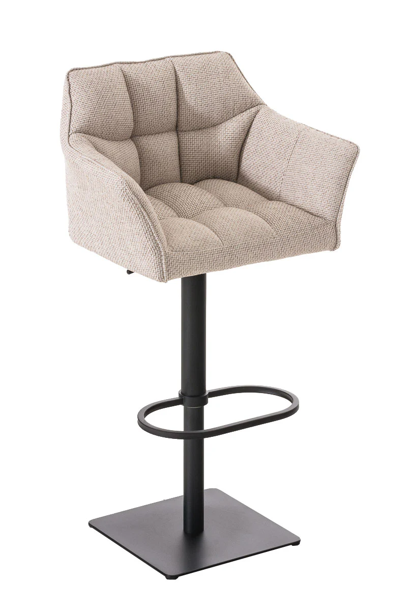Tabouret de bar chaise haute de comptoir couture carrées assise en tissu crème cadre en métal noir 10_0004695