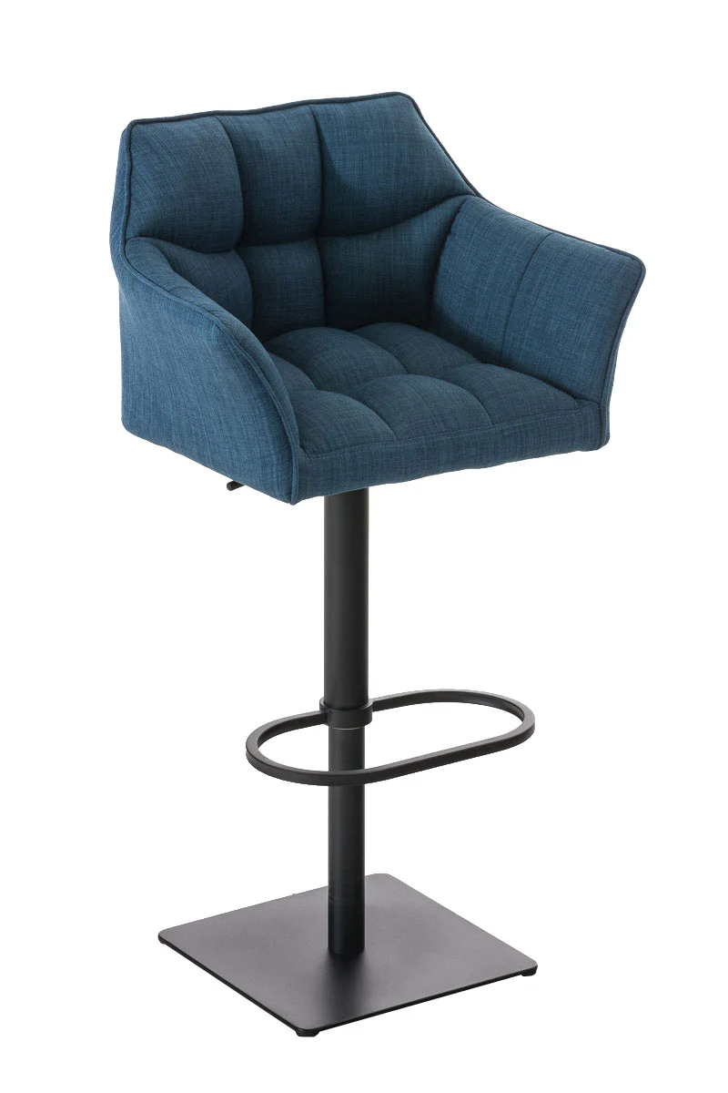 Tabouret de bar chaise haute de comptoir couture carrées assise en tissu bleu cadre en métal noir 10_0004693