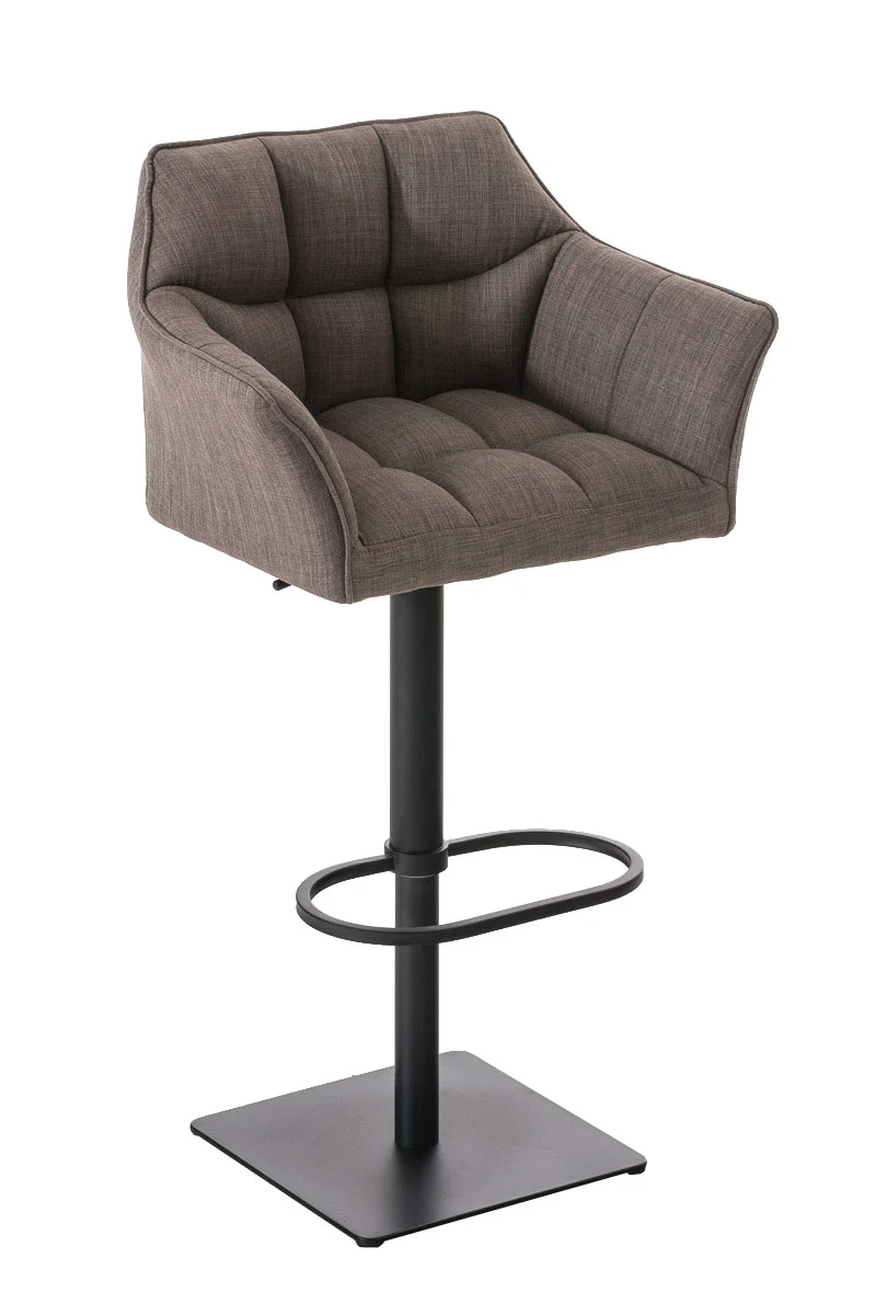 Tabouret de bar chaise haute de comptoir couture carrées assise en tissu gris cadre en métal noir 10_0004696