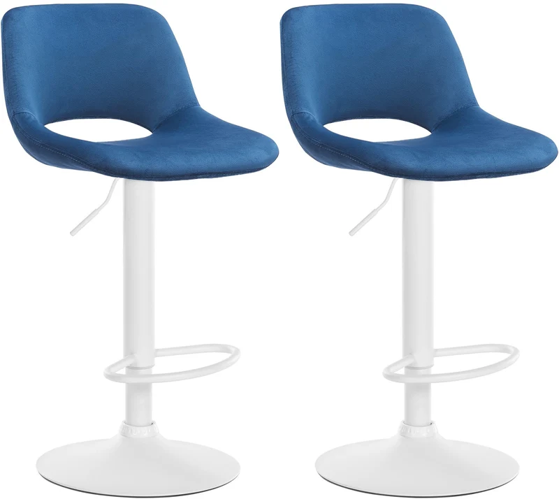 Tabourets de bar chaises haute x2 avec repose-pieds en velours bleu piètement métallique blanc 10_0004087