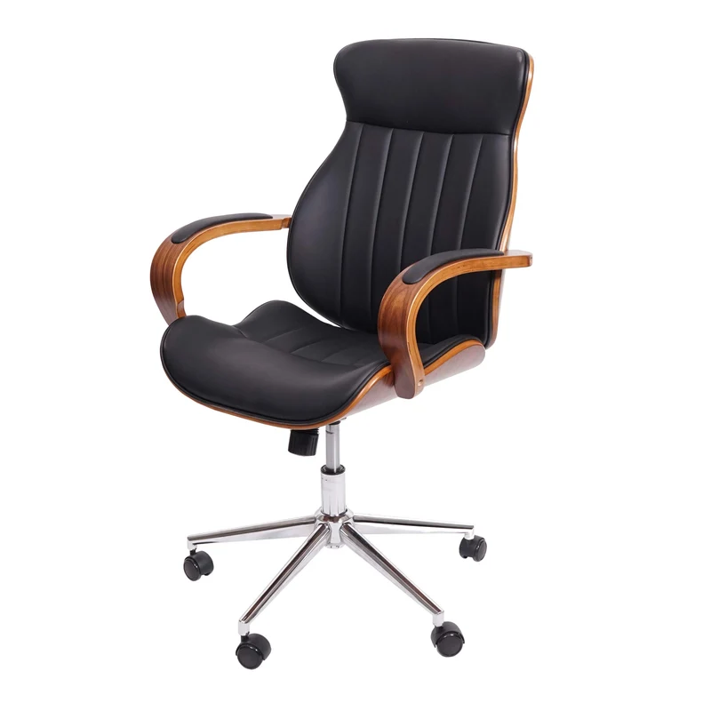 Fauteuil de bureau pivotante en synthétique noir dossier bois aspect noyer rotatif à 360° 04_0001861