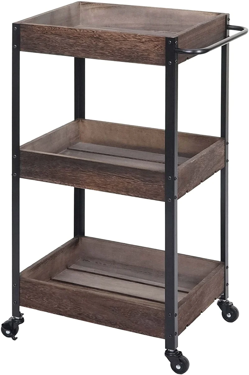 Chariot de service cuisine bar avec 3 niveaux étagères sur roulettes en bois massif shabby marron ETA04057