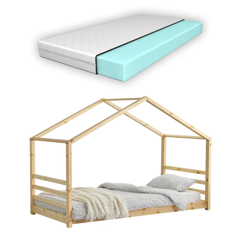 Lit pour enfant cabane maison avec matelas et sommier à lattes bois de pin naturel 90 x 200 cm 03_0005496