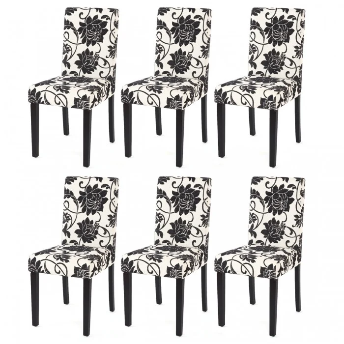 Lot de 6 chaises de salle à manger en tissu imprimé blanc&noir pieds foncés CDS04222