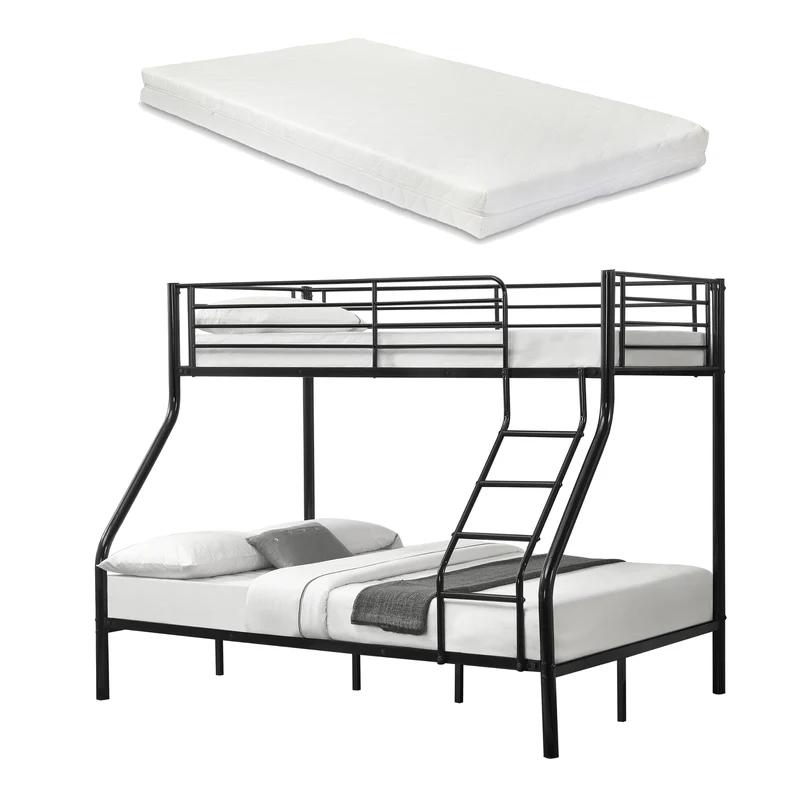 Lit superposé en Métal avec 2 Matelas Armature Massive pour 3 personnes 140 x 200 cm 90 x 200 cm Noir 03_0002730