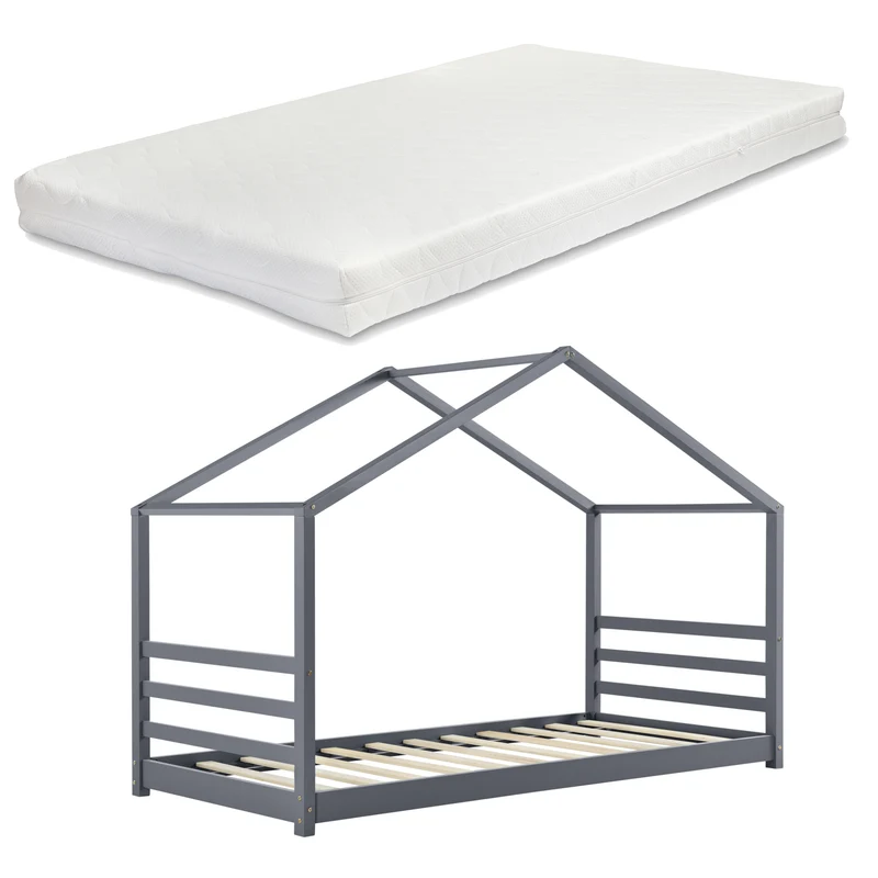 Lit pour enfant cabane maison avec matelas et sommier à lattes en bois de pin gris 90 x 200 cm 03_0005490