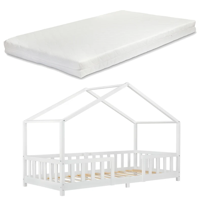 Lit d'enfant design en forme maison avec barrière et matelas en mousse bois de pin contreplaqué 90x200 cm blanc mat laqué 03_0005455