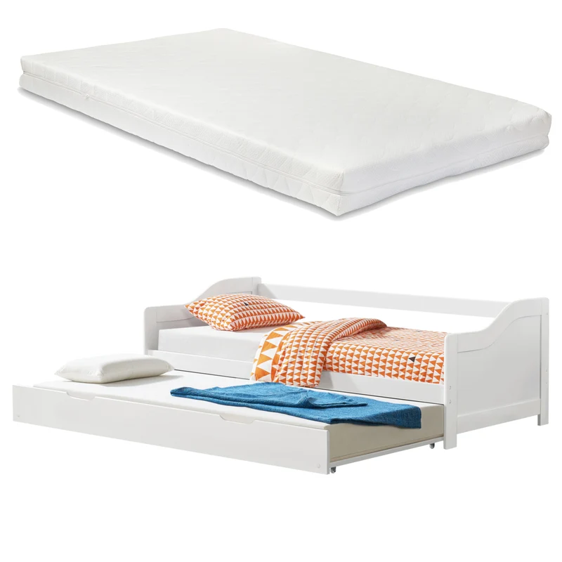 Lit gigogne avec 2 matelas lit d'appoint en bois pin contreplaqué blanc matelas inclus 205x190,5x66cm 03_0004990