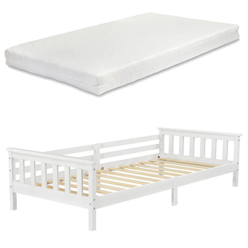 Lit pour enfant avec matelas et sommier à lattes structure en bois de pin blanc 90 x 200 cm 03_0005445