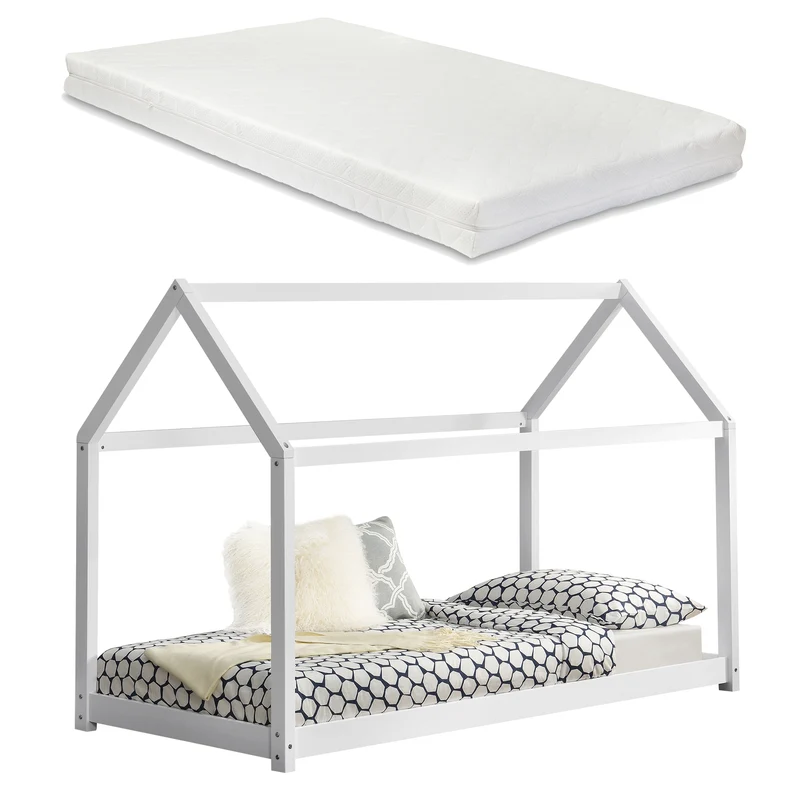 Lit d'enfant cabane maison avec matelas et sommier à lattes en pin blanc 90 x 200 cm 03_0002641