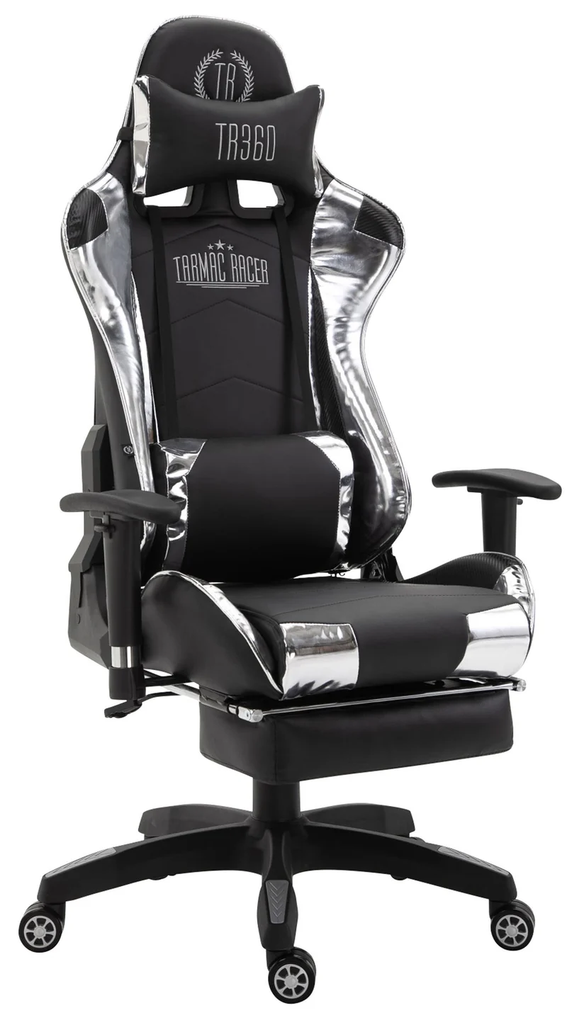 Fauteuil de bureau chaise gamer sur roulettes avec repose-pieds accoudoirs en PVC noir / blanc 10_0002765
