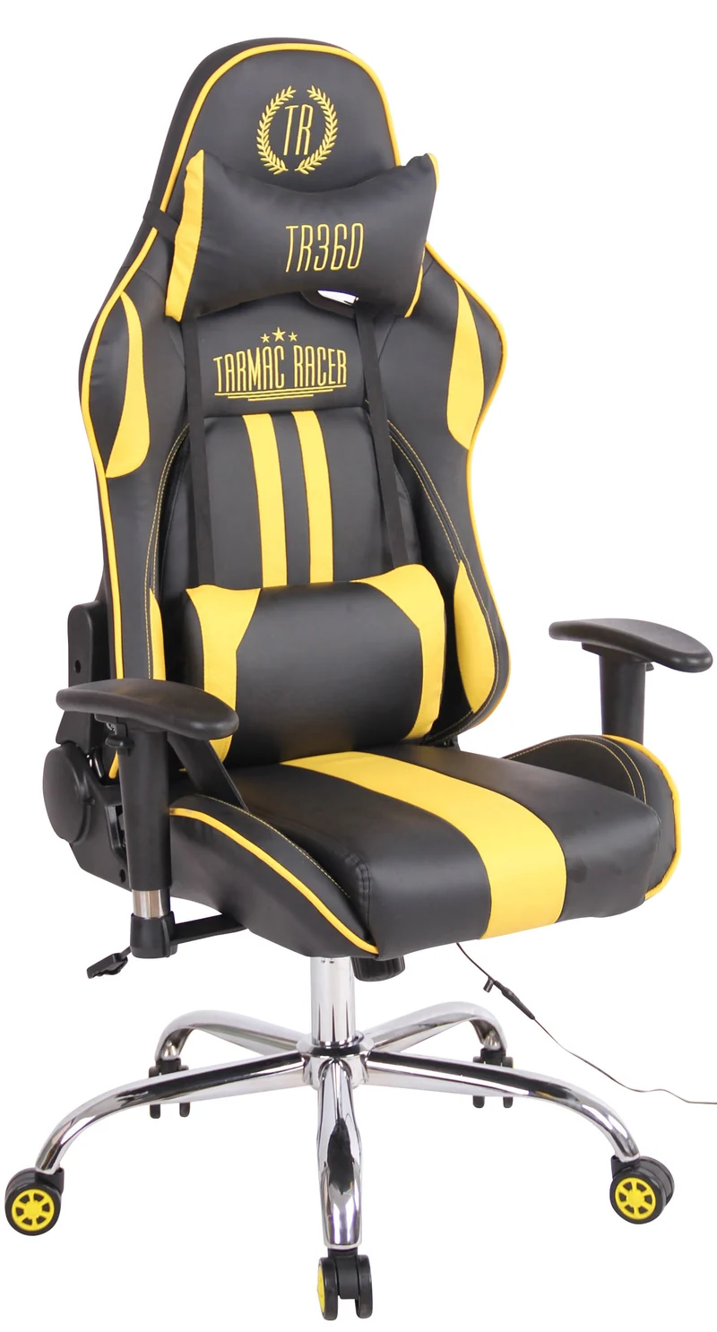 Fauteuil de bureau gamer design sportif fonction de massage chauffant avec coussins en PVC noir / jaune 10_0002531