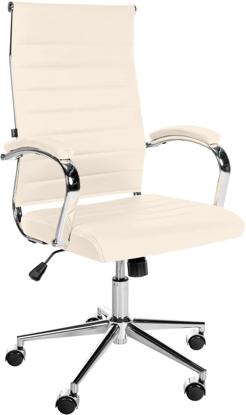 Fauteuil de bureau en cuir véritable crème surpiqûre horizontale et pieds métal chromé 10_0002555