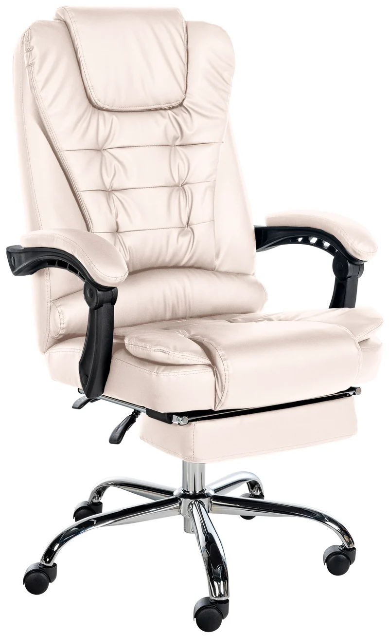 Fauteuil de bureau ergonomique généreusement rembourrée avec repose-pieds en PVC crème et métal chromé 10_0002566