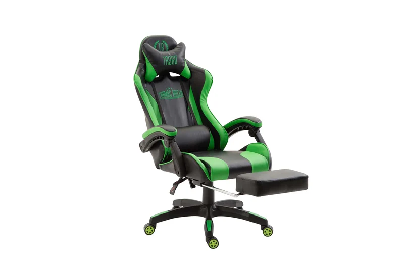 Fauteuil de bureau repose-pieds télescopique design sportif gamer en PVC noir / vert et plastique 10_0002508