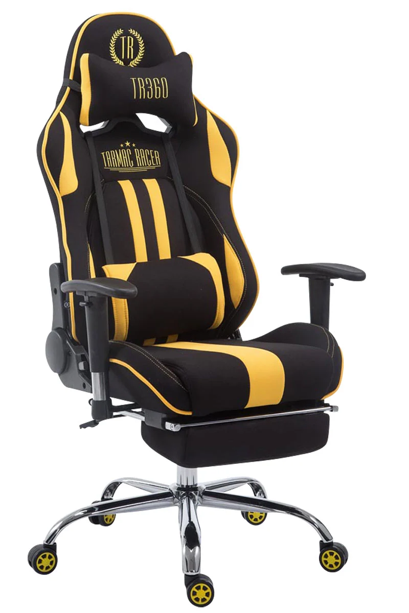 Fauteuil de bureau gamer avec repose-pieds extensible mécanisme de bascule en tissu noir / jaune 10_0002757