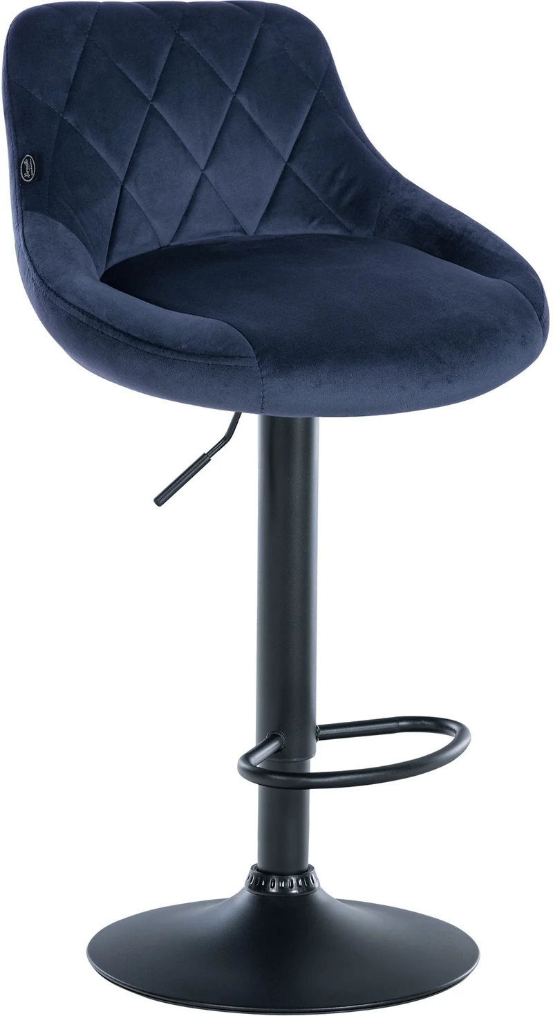 Tabouret de bar en velours bleu coutures décoratives pivotant support métal noir TDB10665