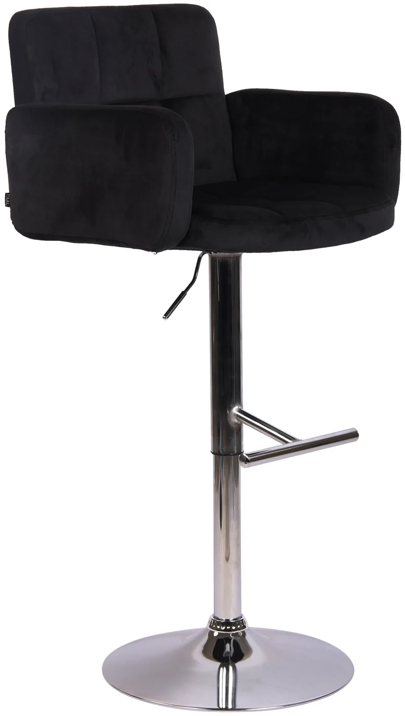 Tabouret de bar pivotant en velours noir et métal chromé avec accoudoirs repose-pieds et dossier TDB10644