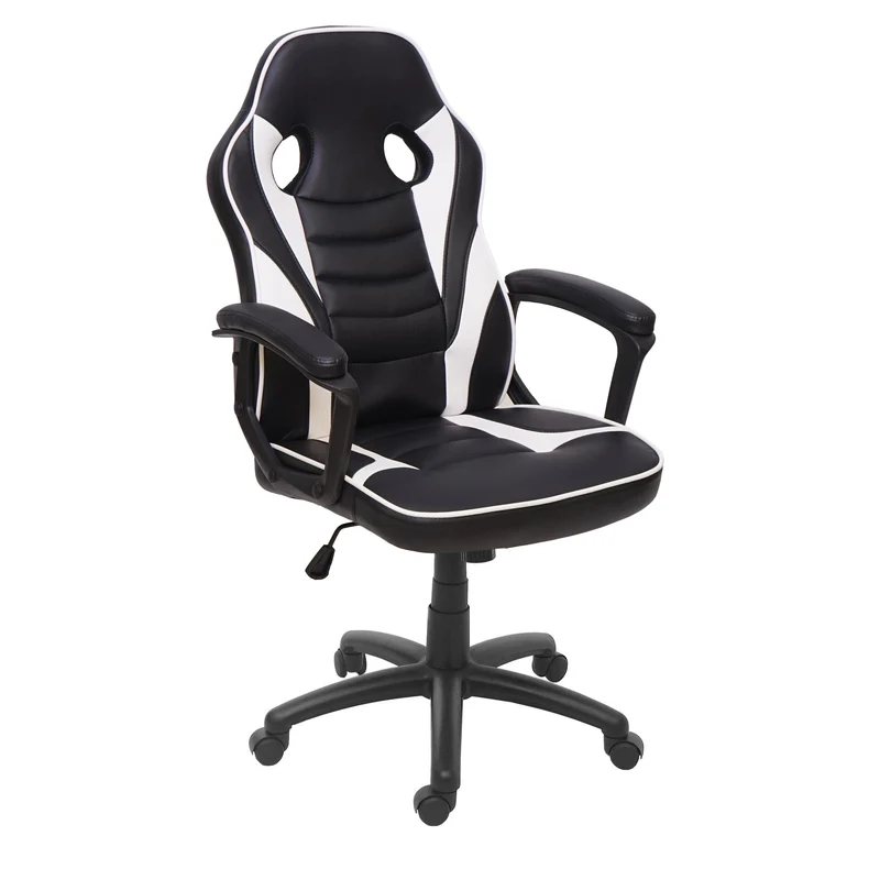 Fauteuil chaise de bureau gamer sur roulettes forme ergonomique pivotant hauteur réglable synthétique noir/blanc 04_0001840