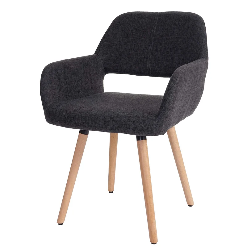Chaise de salle à manger bureau visiteur sans roulette design rétro en tissu gris foncé pied en bois clair 04_0002147