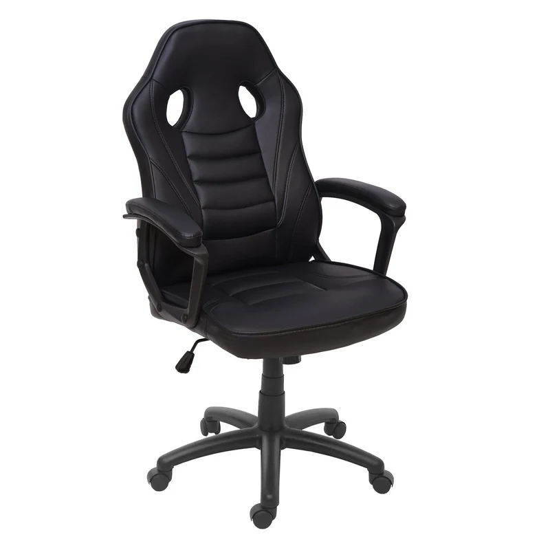 Fauteuil chaise de bureau gamer sur roulettes forme ergonomique pivotant hauteur réglable synthétique noir 04_0001839
