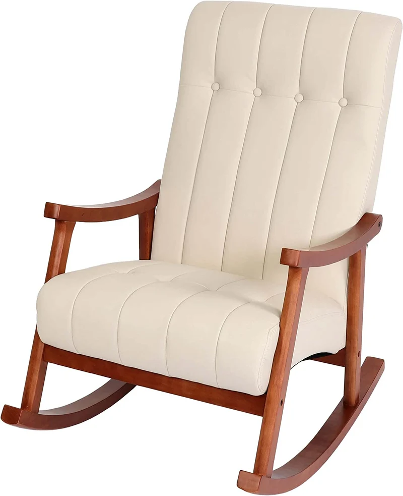 Fauteuil à bascule rocking chair relax avec accoudoirs en synthétique crème cadre aspect noyer FAB04032