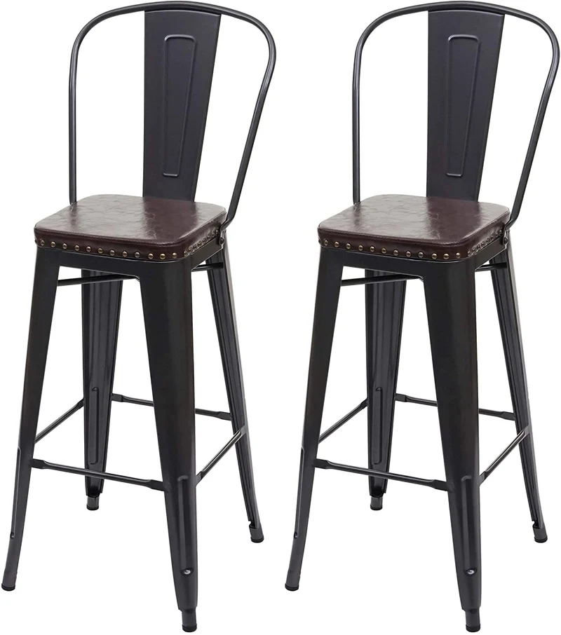 2x tabourets de bar en synthétique marron et métal noir style industrielle dossier haut TDB04051