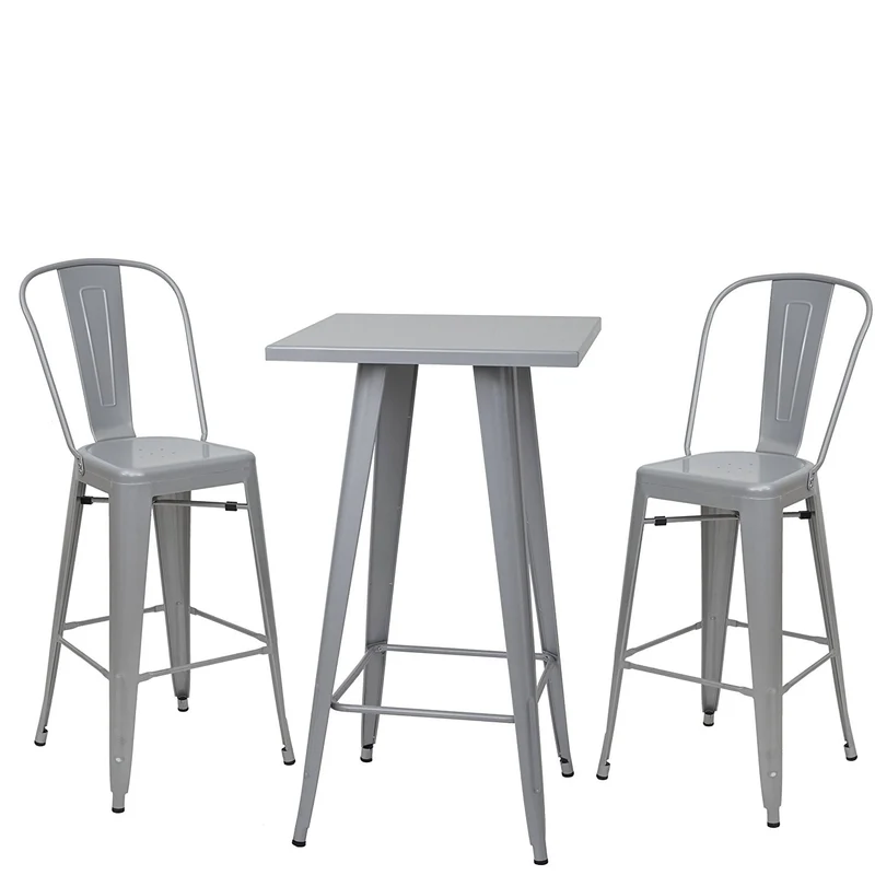 Ensemble table haute avec 2 tabourets de bar en métal gris style industriel TAB04010