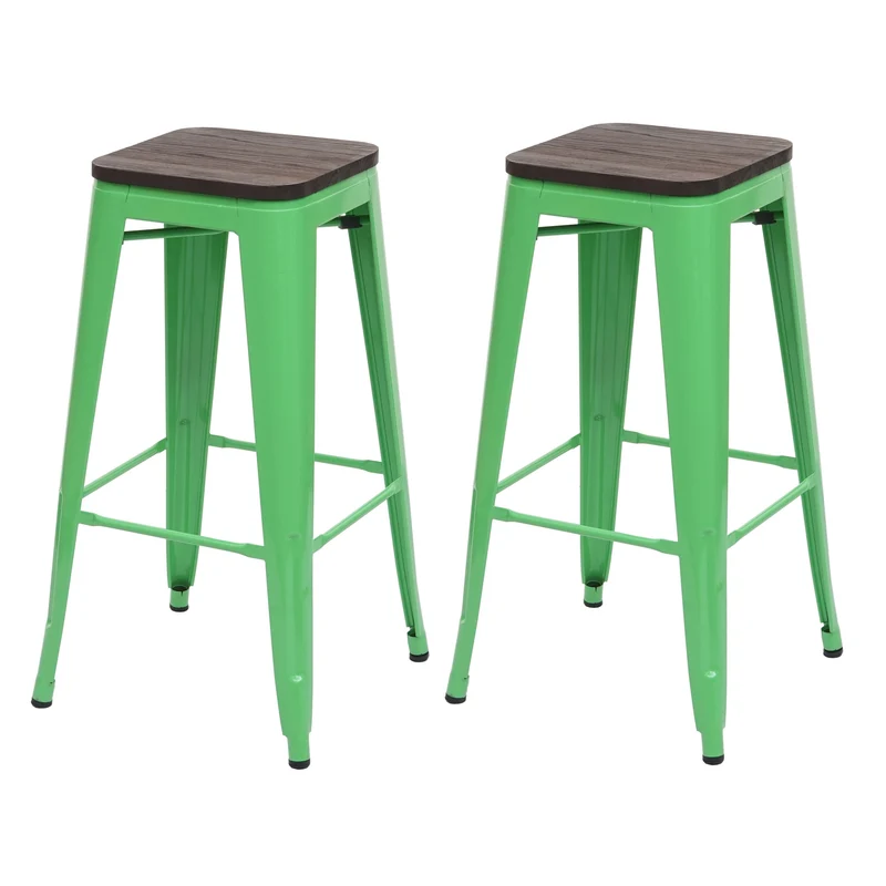 Lot de 2 tabourets de bar chaises de comptoir siège en bois avec repose-pieds design industriel empilable en métal vert 04_0000487