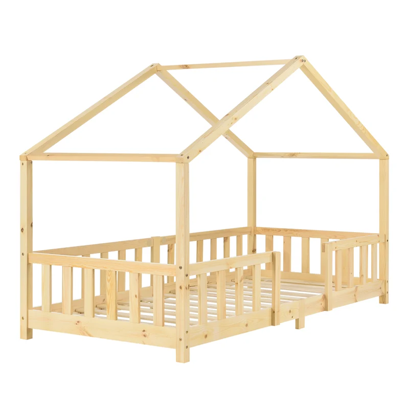 Lit pour enfant en forme maison avec barrière de protection construction solide bois de pin 200 x 90 cm 03_0005466