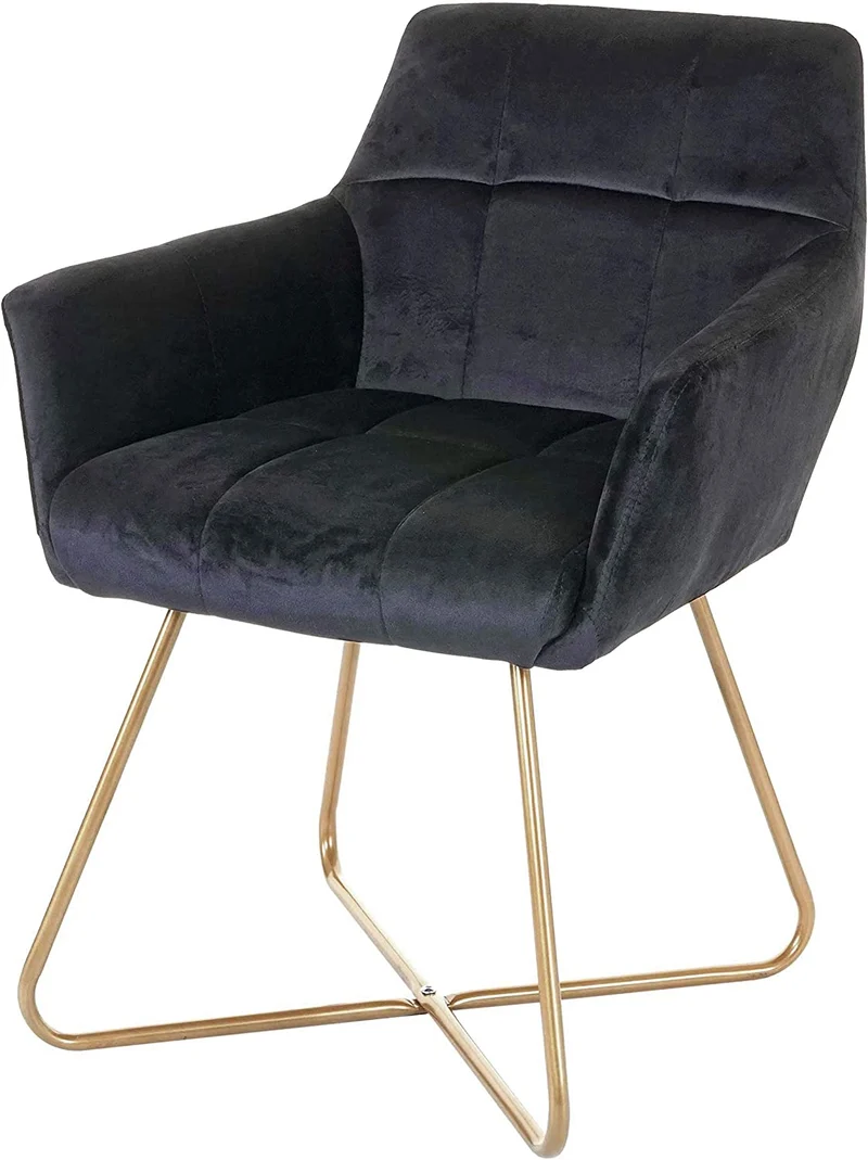 Chaise de salle à manger bureau fauteuio lounge design rétro en tissu velours noir pieds doré FAL04040