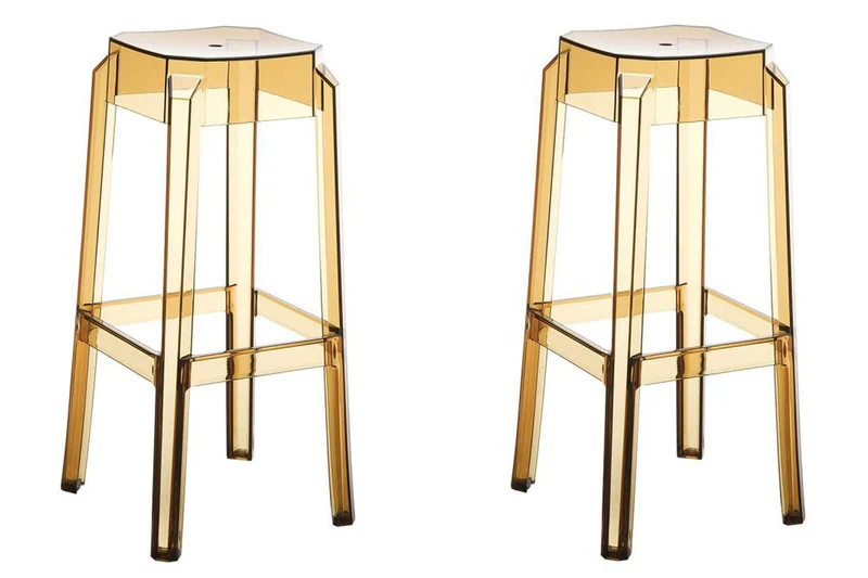 Lot de 2 tabourets de bar design moderne plastique transparent ambre 10_0001043