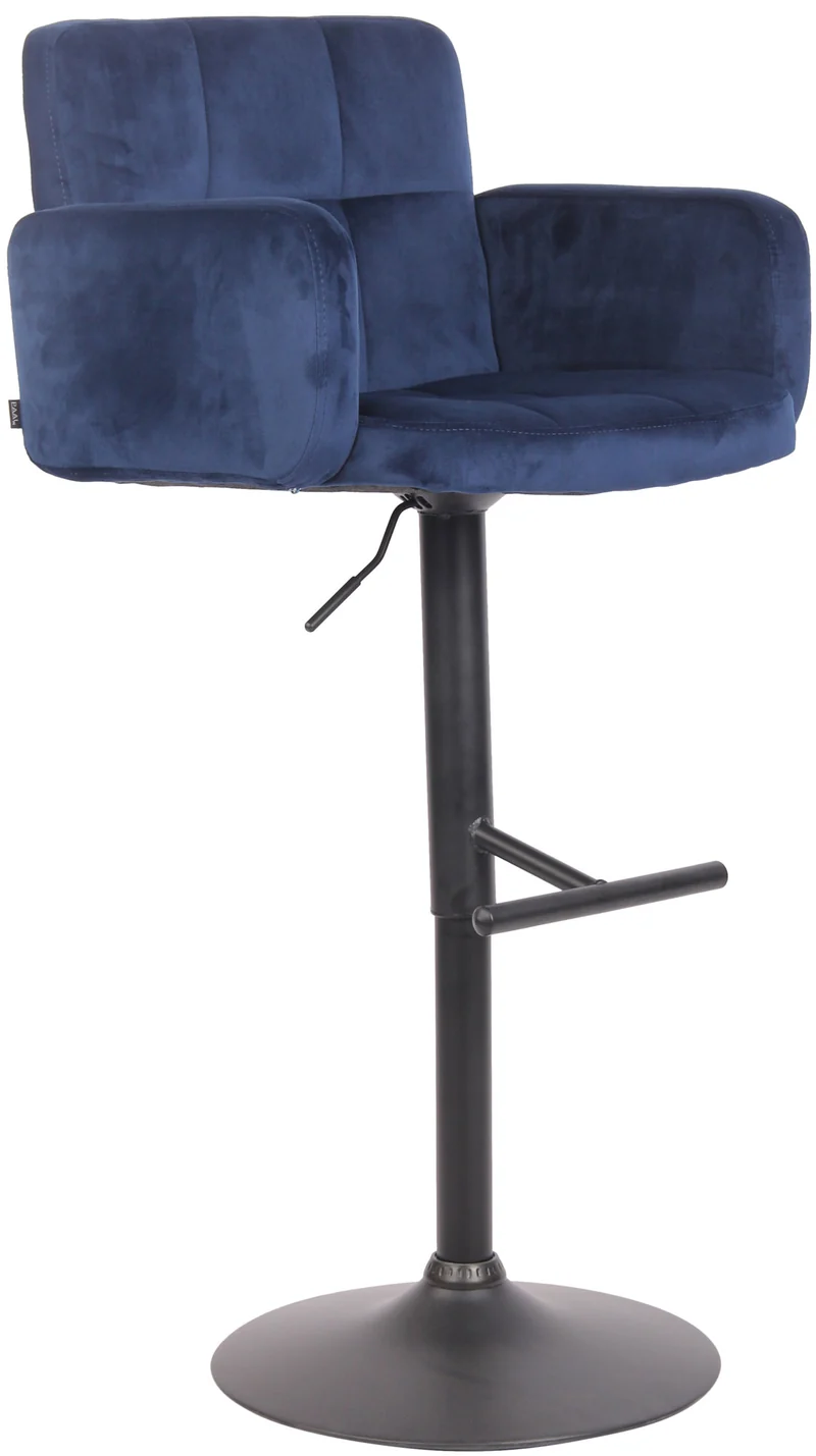 Tabouret de bar pivotant en velours bleu et métal noir avec accoudoirs repose-pieds et dossier TDB10655