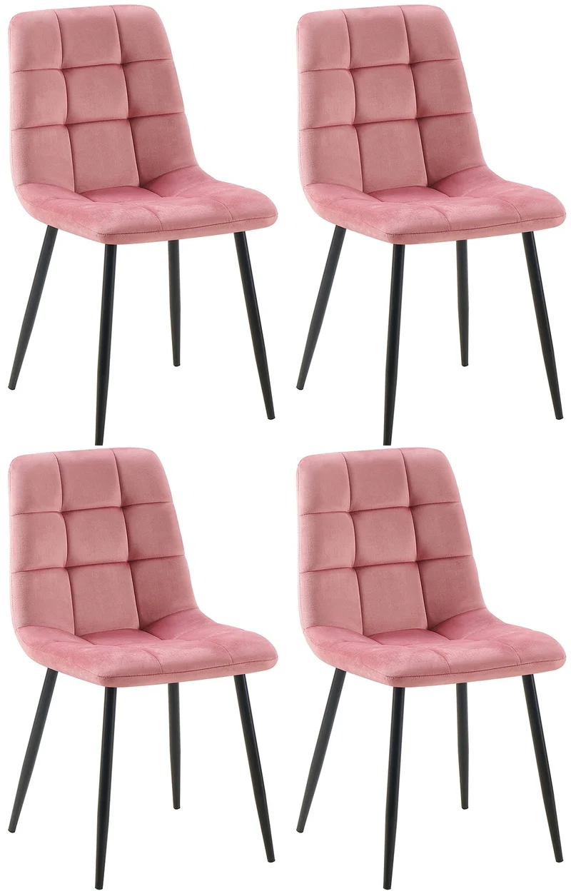 Lot de 4 chaises de salle à manger coutures forme carrées en tissu velours rose pieds en métal noir 10_0001799